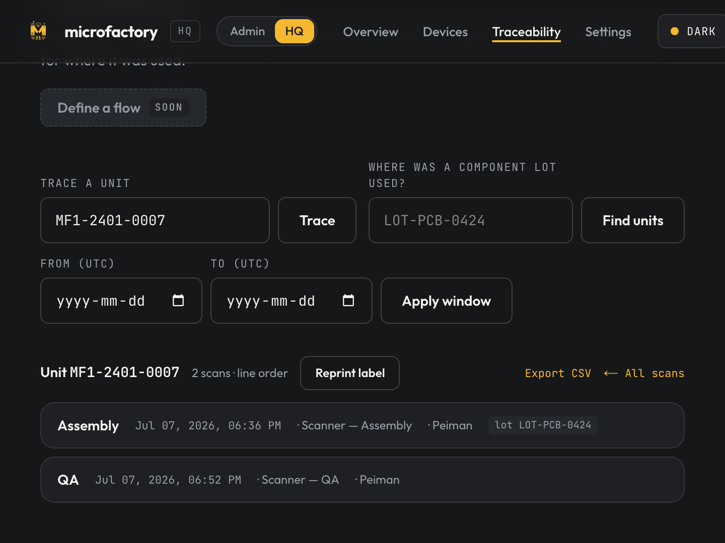 microfactory HQ unit genealogy — the full station-by-station history of one affected unit